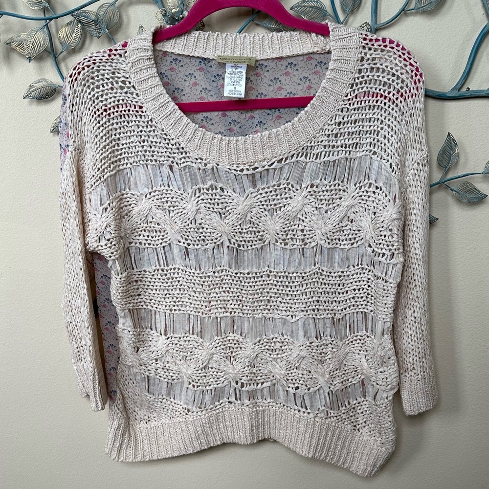 Moon Collection sheer crochet top with sheer floral print back Sz S